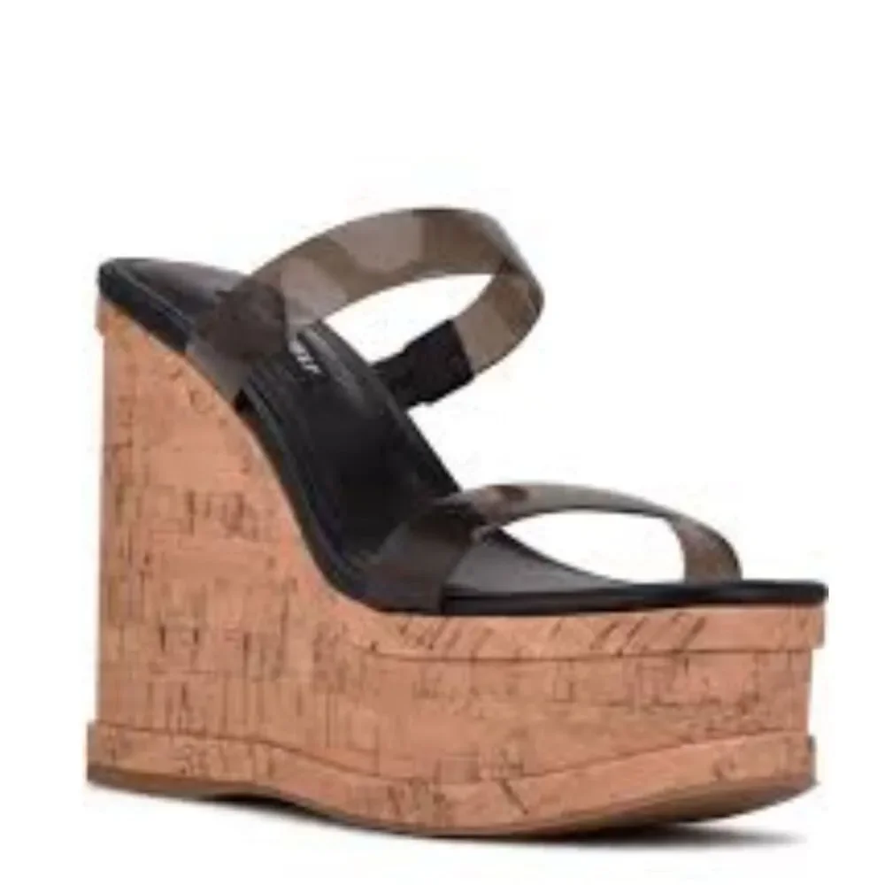 Nine West Platform Sandals 9.5 Slide Wedge Clear Strap Vacation Club Black rapps